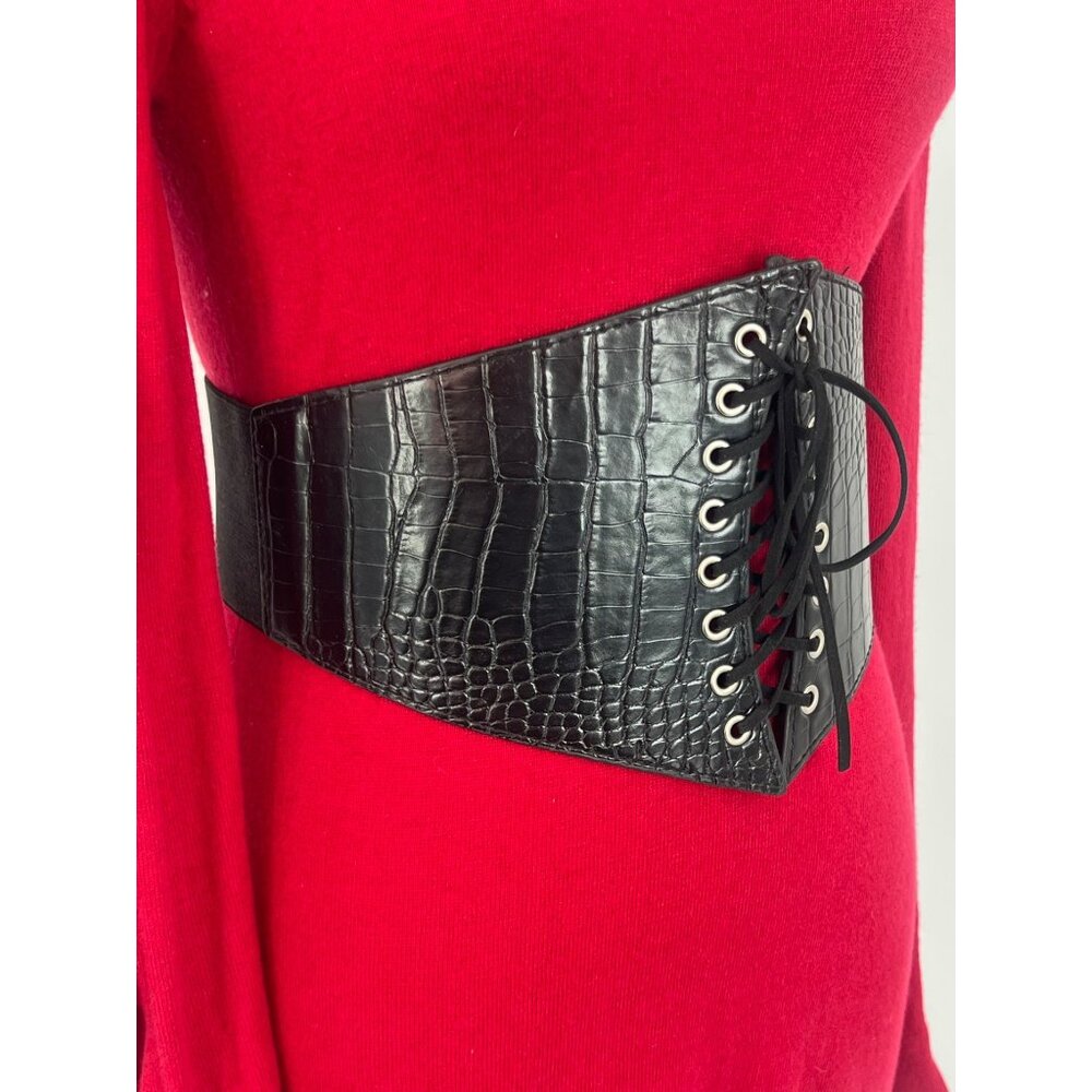 Black Faux Leather Corset Lace-Up Front Snap Closure Croc-Embossed Wide Belt - Picture 3 of 14